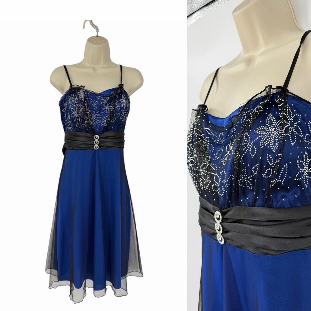 Y2K Babydoll Mini Dress Size M Blue Black Mesh Overlay Lace Fairy Goth Romantic